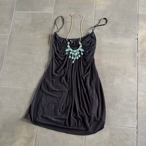 Sky Black Mini Dress with Turquoise Necklace
